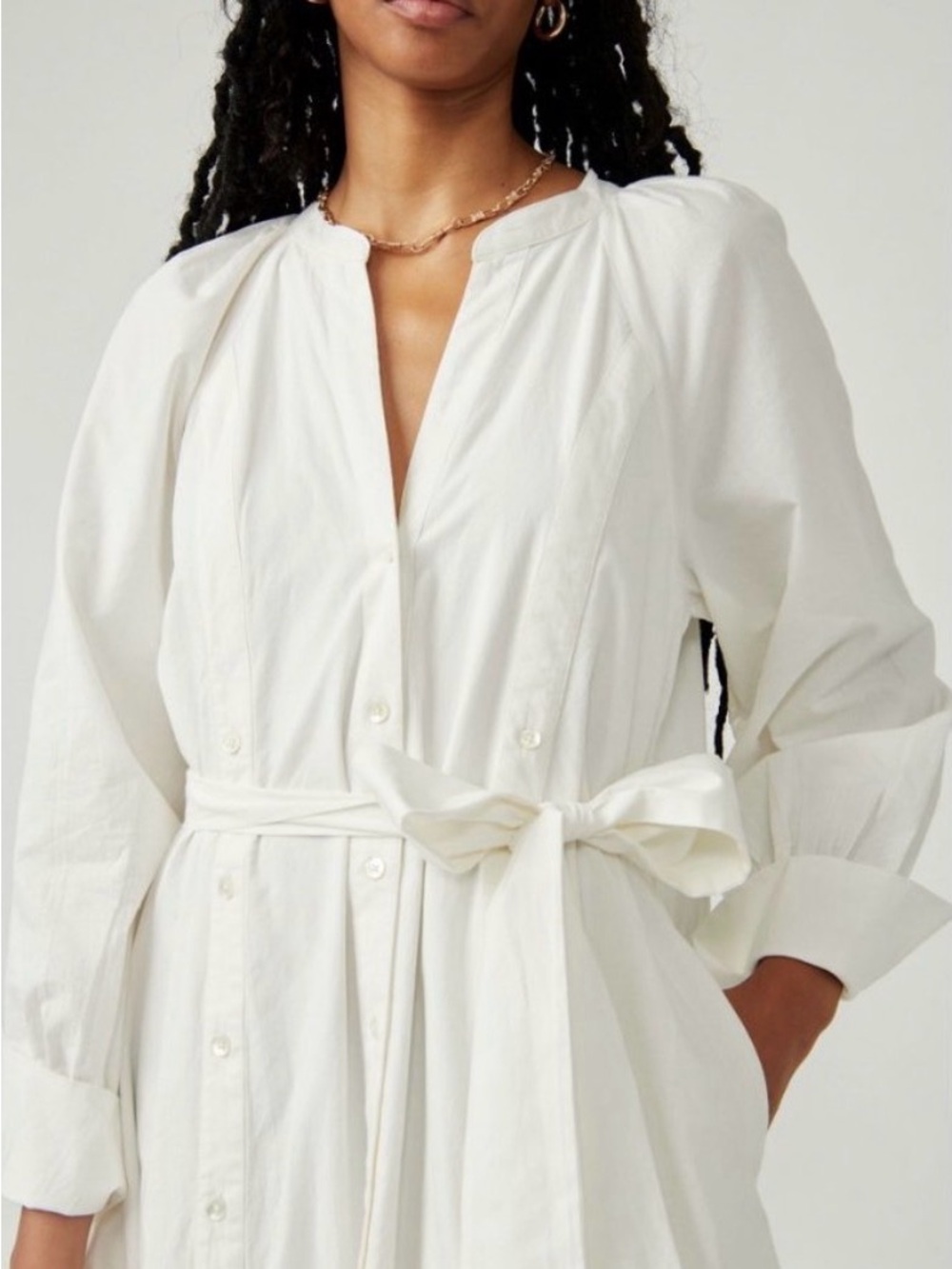Free People Cream Long Sleeve Tie-Waist Shirt Dress